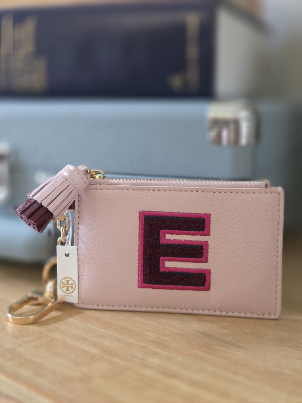 Tory Burch Pink Leather Key & Card Holder with Monogram E and Tassel